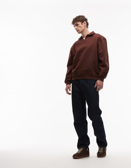 Sudadera marrón oscuro extragrande con cuello de muesca estilo polo de tejido grueso de 400 g/m² de ASOS DESIGN , 2 de 5
