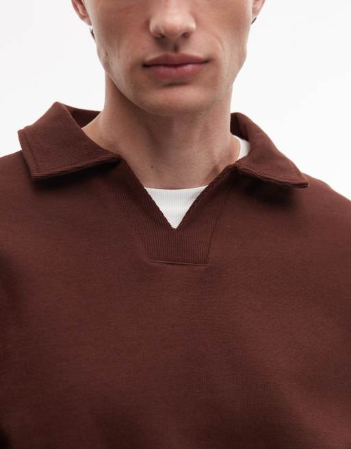 Sudadera marrón oscuro extragrande con cuello de muesca estilo polo de tejido grueso de 400 g/m² de ASOS DESIGN , 4 de 5