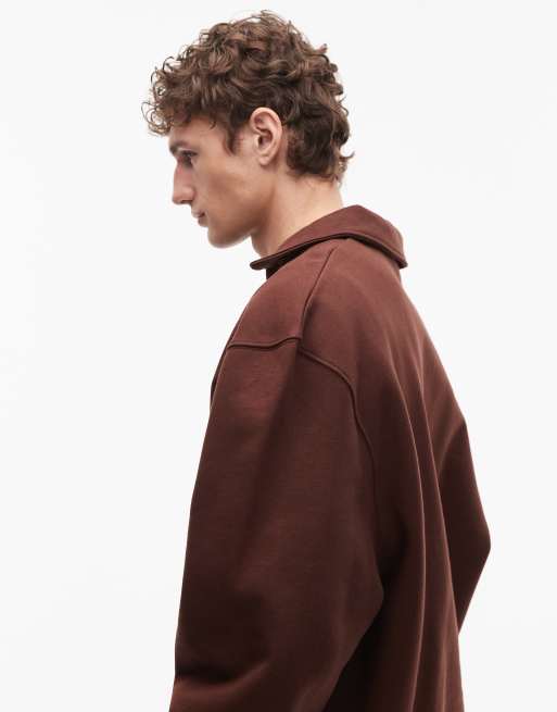 Sudadera marrón oscuro extragrande con cuello de muesca estilo polo de tejido grueso de 400 g/m² de ASOS DESIGN , 5 de 5