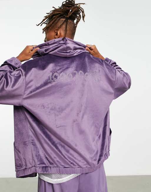 Sudadera morada extragrande de velour con capucha, cremallera y detalle de texto de strass de ASOS DESIGN
