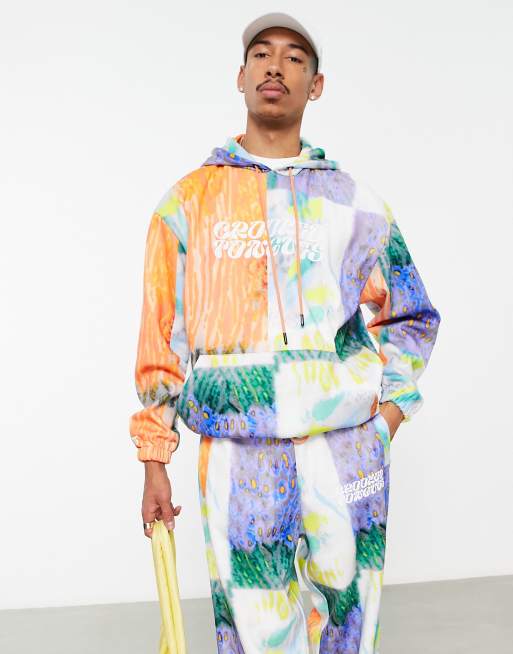Sudadera multicolor extragrande con capucha y estampado integral de Crooked Tongues (parte de un conjunto)