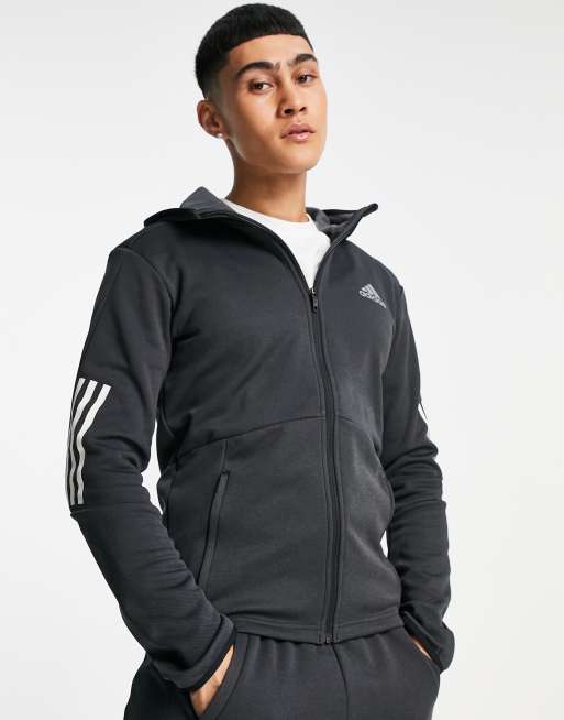 Elevado Anuncio Descripción Sudadera negra con capucha, cremallera y detalle de 3 rayas de adidas  Training | ASOS