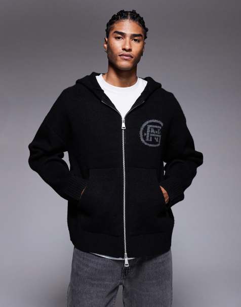 Sudadera negra con capucha, estampado de emblema y cremallera de punto de Good For Nothing - view 1