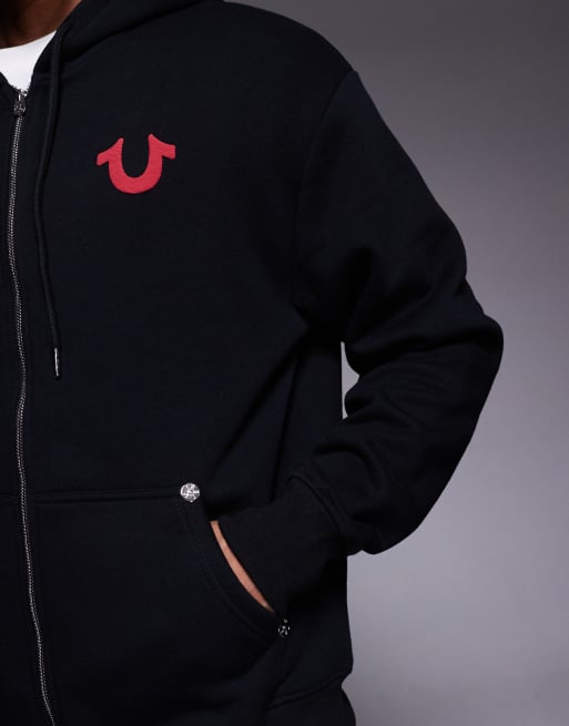 Sudadera negra con capucha, estampado en la espalda, cremallera y logo de True Religion, 5 de 5