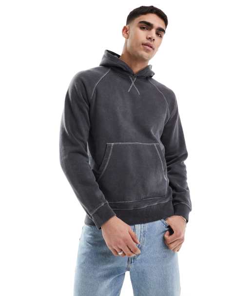 Sudadera negra con capucha, lavado ácido, mangas raglán y costuras en contraste de Another Influence - view 1