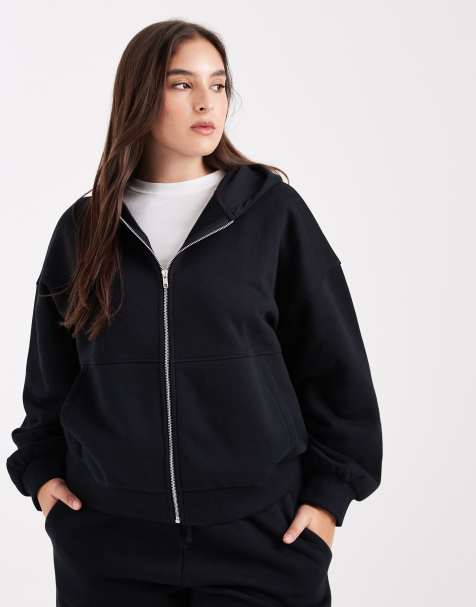 Sudadera negra con capucha y cremallera de tejido grueso de 500 g/m² premium de ASOS DESIGN Curve - view 1