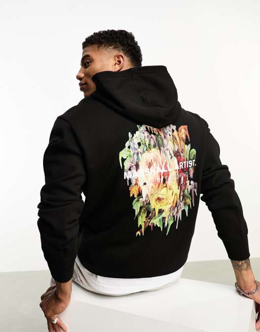 Sudadera negra con capucha y estampado de flores de ácido en la espalda de Marshall Artist