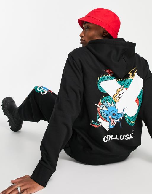 Sudadera negra con capucha y estampado de logo X y dragón de COLLUSION (parte de un conjunto)
