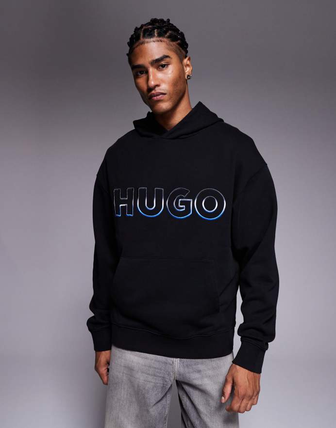 Hugo Blue Sudadera negra con capucha y estampado degradado del logo Nogudi de
