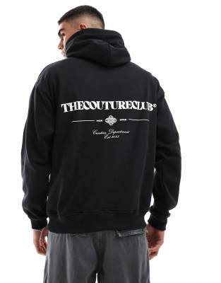 Sudadera negra con capucha y estampados gráficos de texto de The Couture Club