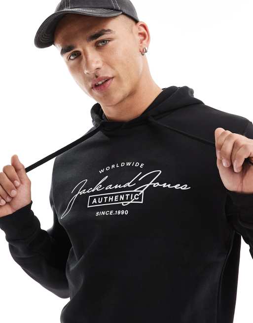 Sudadera negra con capucha y logo de texto de Jack & Jones 