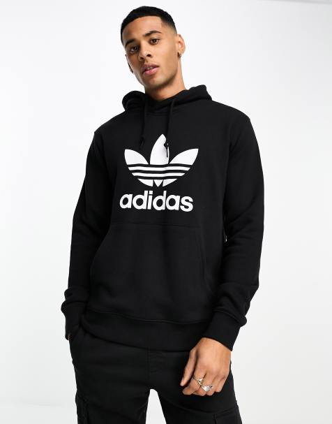 Sudadera negra con capucha y logo de trébol grande en el pecho de adidas Originals - view 1