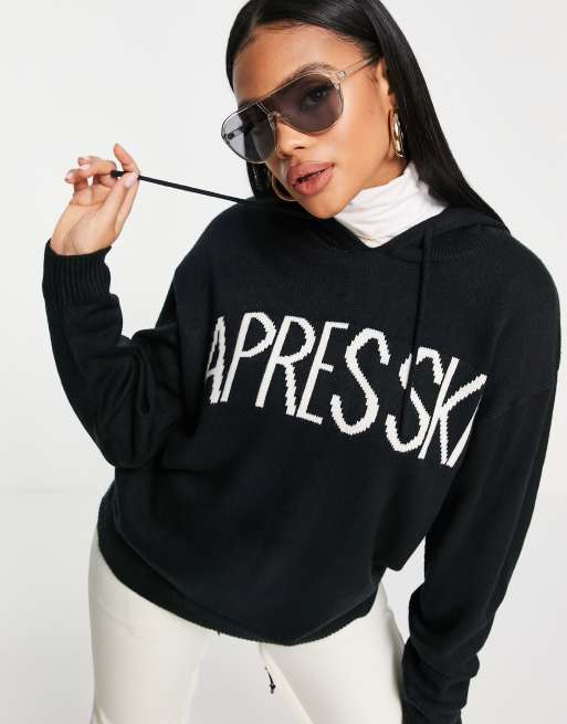 Sudadera negra con capucha y texto de punto Ski de Threadbare