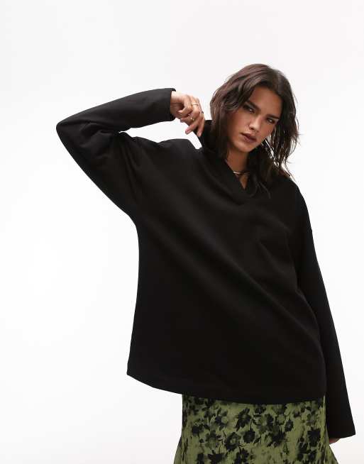 Sudadera negra con cuello tipo polo premium de Topshop