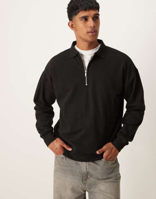 Sudadera negra con cuello tipo polo y cremallera corta de New Look