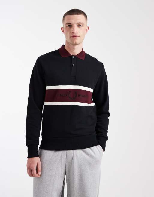 Sudadera negra con cuello tipo polo y panel con logo bordado de Fred Perry