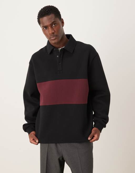 Sudadera negra con cuello tipo polo y paneles en contraste de ASOS DESIGN
