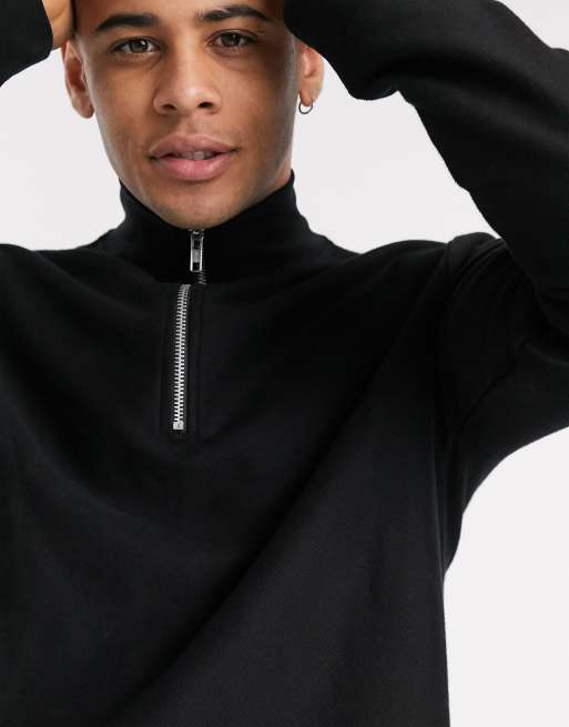 Sudadera negra con media cremallera de sarga de Topman, 3 de 4