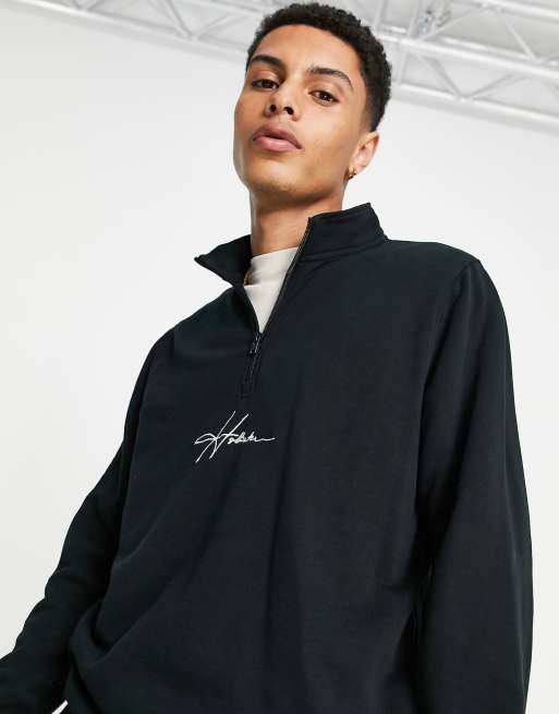 Sudadera negra con media cremallera logo de texto y panel en el