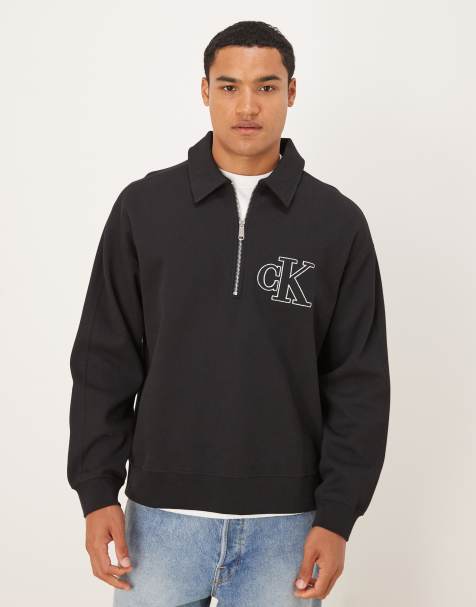 Sudadera negra con solapas, cremallera corta y logo de Calvin Klein Jeans - view 1