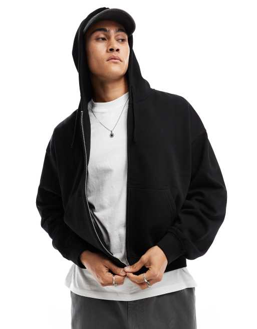 Sudadera negra de corte cuadrado con capucha, cremallera y estampado gráfico en la espalda de Weekday, 2 de 4