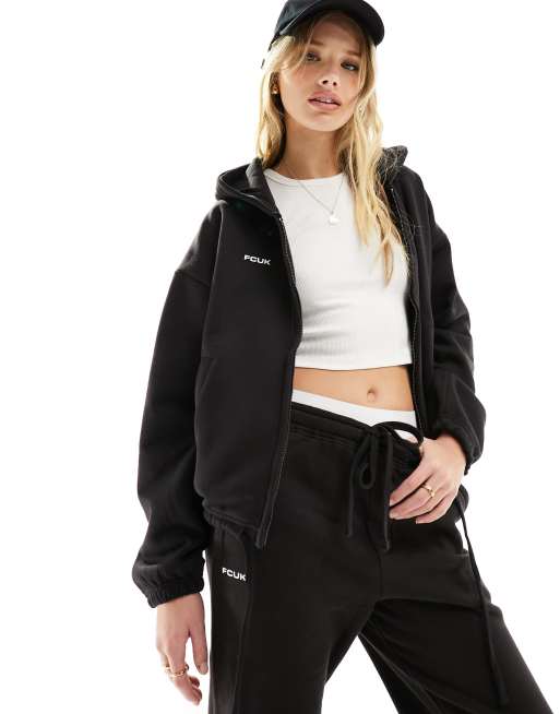Sudadera negra de corte cuadrado con capucha y cremallera delantera FCUK de French Connection (parte de un conjunto)