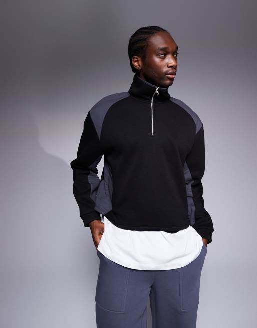 Sudadera negra de corte cuadrado extragrande con hombros caídos, cuello alzado y paneles de nailon de ASOS DESIGN, 4 de 4