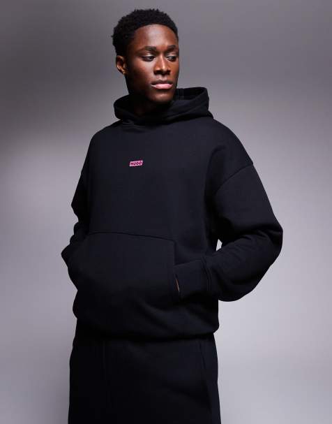 Sudadera negra de corte suelto con capucha y logo rosa de HUGO Blue (parte de un conjunto) - view 1