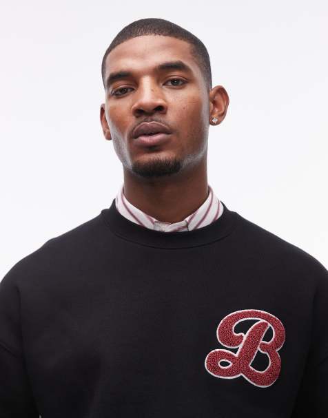 Sudadera negra extragrande con bordado de letra de chenilla de tejido grueso de Topman - view 1