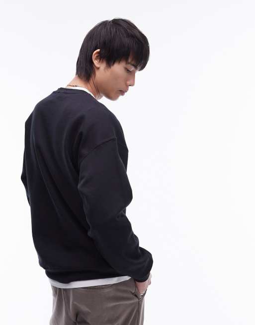 Sudadera negra extragrande con bordado de margarita prensada en el pecho de Topman, 3 de 4