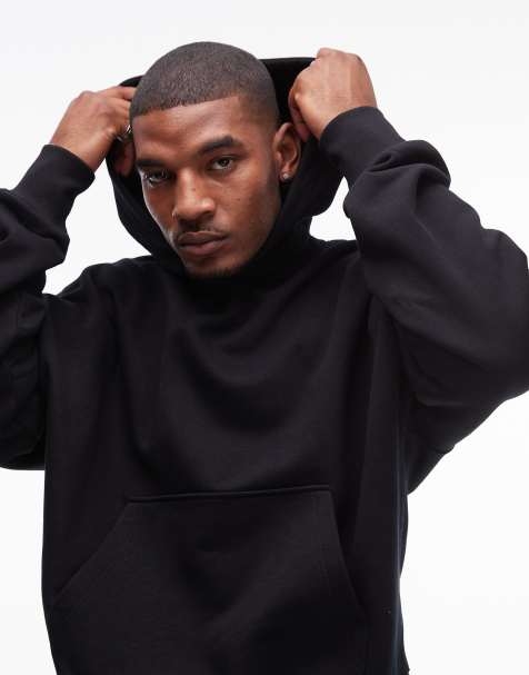 Sudadera negra extragrande con capucha de tejido grueso premium de Topman - view 1