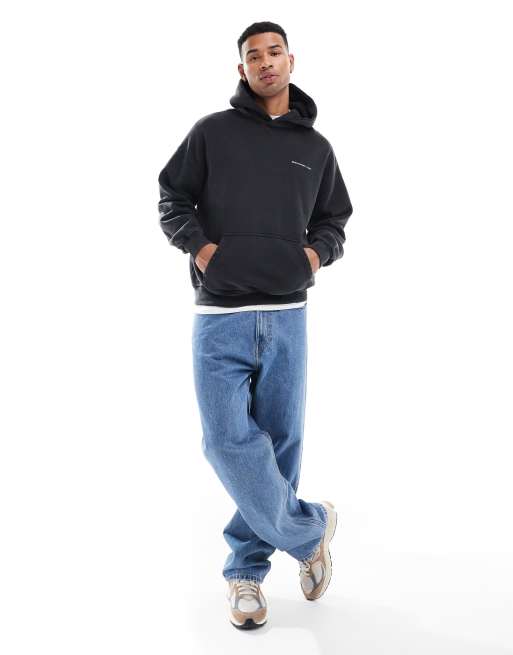 Sudadera negra extragrande con capucha, lavado ácido y logo Timeless de Abercrombie & Fitch, 3 de 4