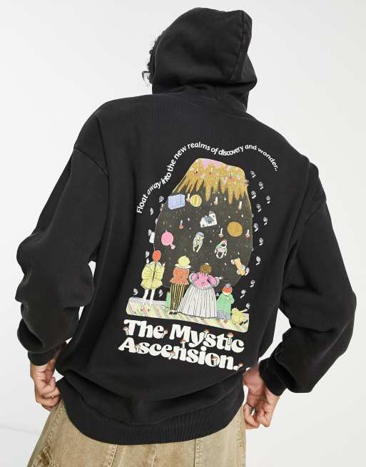 Sudadera negra extragrande con capucha lavado vintage y estampado de dibujos en la espalda de ASOS DESIGN
