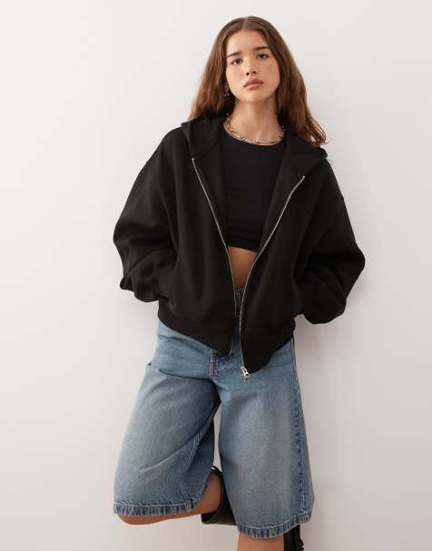 Sudadera negra extragrande con capucha y cremallera de punto liso grueso y suave de Weekday - view 1