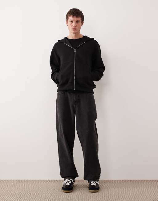 Sudadera negra extragrande con capucha y cremallera doble de tejido efecto neopreno de Jack & Jones, 2 de 5
