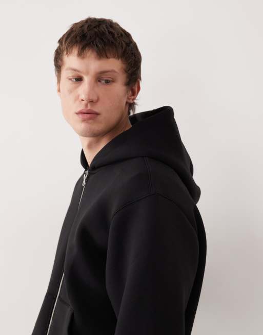 Sudadera negra extragrande con capucha y cremallera doble de tejido efecto neopreno de Jack & Jones, 4 de 5