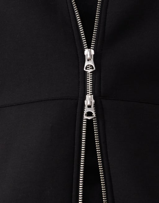 Sudadera negra extragrande con capucha y cremallera doble de tejido efecto neopreno de Jack & Jones, 5 de 5