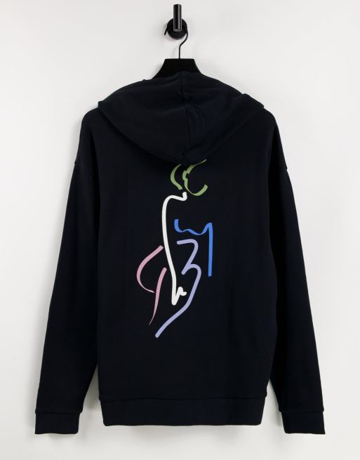 Sudadera negra extragrande con capucha y estampado de dibujo lineal en la  espalda de ASOS DESIGN