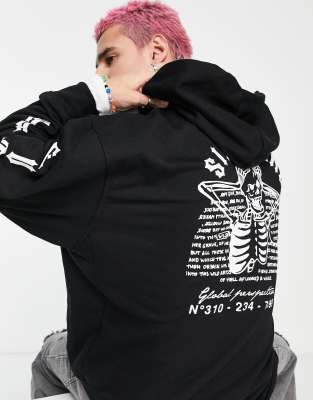 Sudadera negra extragrande con capucha y estampado de esqueleto en la parte posterior de Sixth June