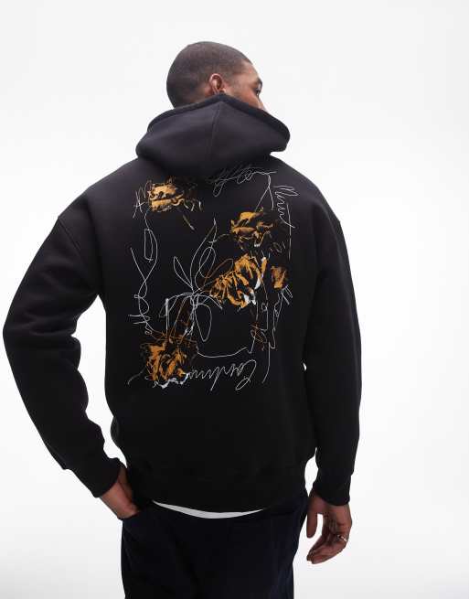 Sudadera negra extragrande con capucha y estampado de rosas dibujadas en la parte delantera y trasera de Topman