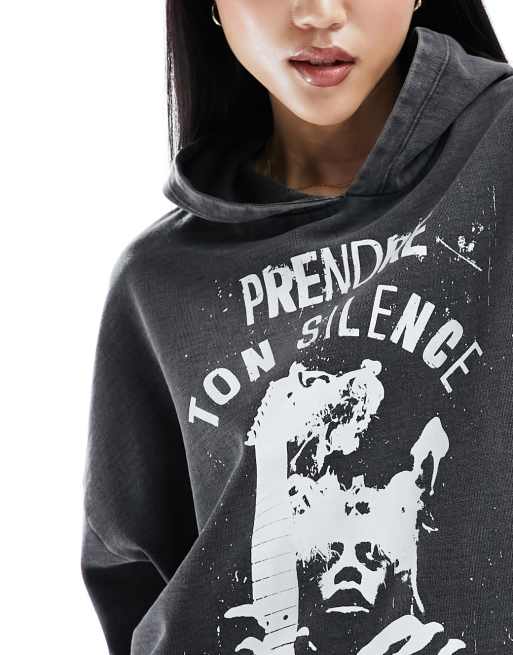 Sudadera negra extragrande con capucha y estampado gráfico de grupo de música independiente de ASOS DESIGN, 4 de 4