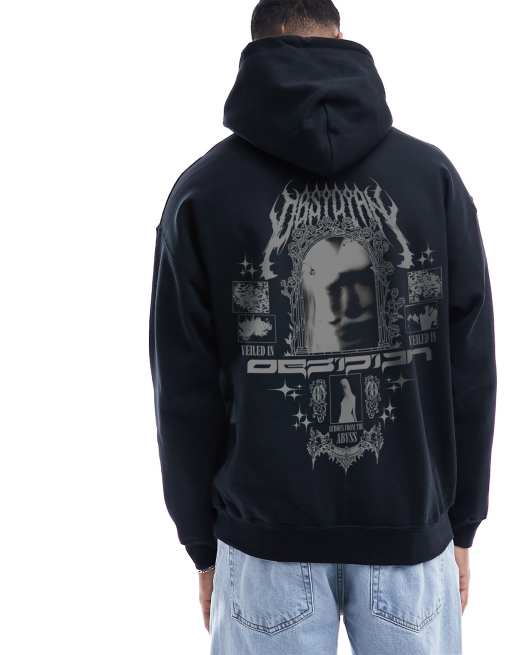 Sudadera negra extragrande con capucha y estampado gráfico en el pecho y la espalda de ASOS DESIGN