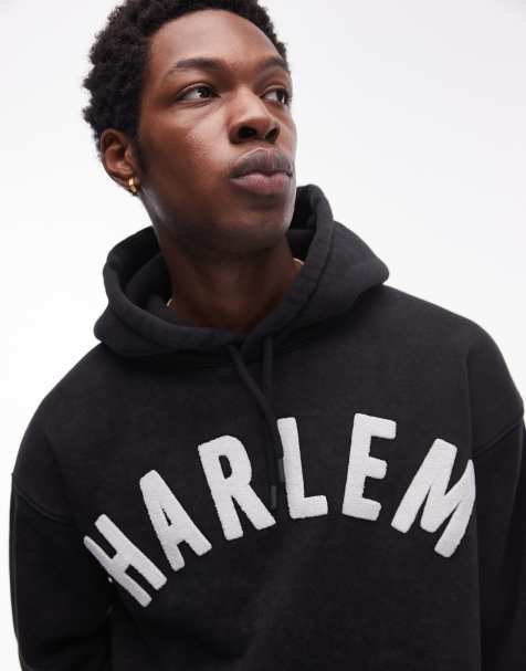 Sudadera negra extragrande con capucha y estampado "Harlem" de Topman - view 1