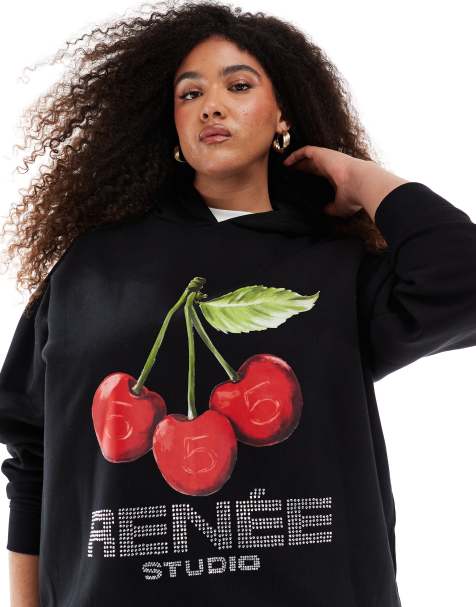 Sudadera negra extragrande con capucha y logo de cerezas con strass exclusiva de Renee Studio Plus x Michelle Nayla (parte de un conjunto) - view 1