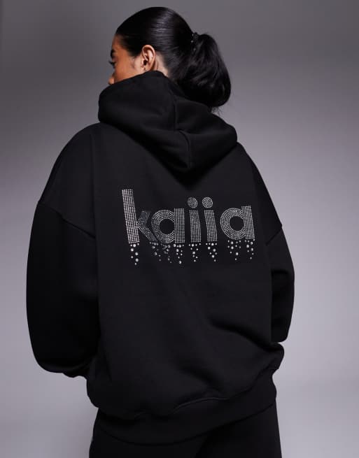 Sudadera negra extragrande con capucha y logo de strass de tejido rico en algodón exclusiva de Kaiia (parte de un conjunto), 2 de 4