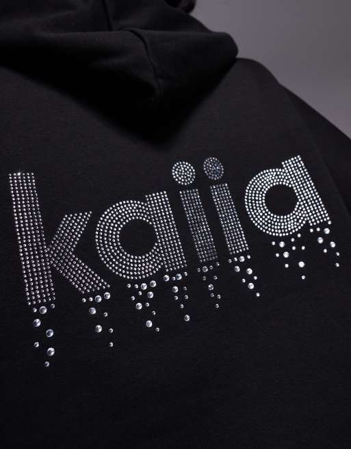 Sudadera negra extragrande con capucha y logo de strass de tejido rico en algodón exclusiva de Kaiia (parte de un conjunto), 4 de 4