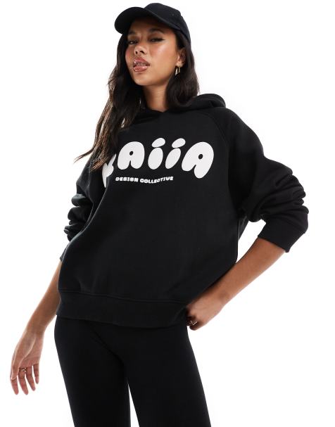 Sudadera negra extragrande con capucha y logo estilo burbuja de tejido rico en algodón de Kaiia (parte de un conjunto) - view 1