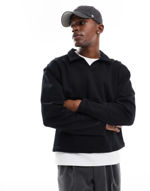 Sudadera negra extragrande con cuello tipo polo de tejido grueso de 400 g/m2 de ASOS DESIGN