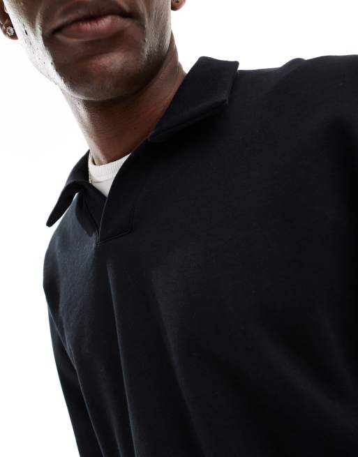 Sudadera negra extragrande con cuello tipo polo de tejido grueso