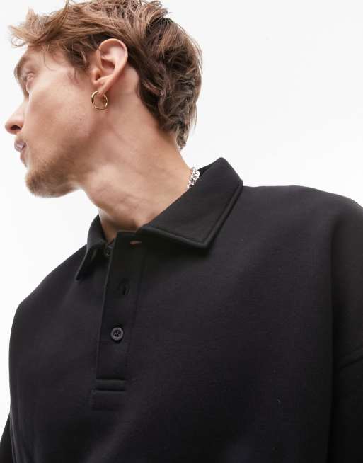Sudadera negra extragrande con cuello tipo polo de Topman